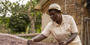 In Ghana,Leticia is drying her beans on traditional drying tables at her farm. Photo Credit: Nana Kofi Acquah/Oxfam In Ghana,Leticia is drying her beans on traditional drying tables at her farm. Photo Credit: Nana Kofi Acquah/Oxfam