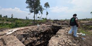 View of the destroyed and looted Oxfam latrine block at the Rusayo displaced persons site