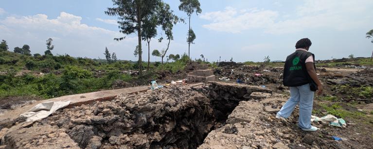 View of the destroyed and looted Oxfam latrine block at the Rusayo displaced persons site