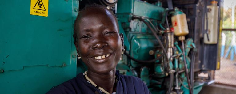 Nyathak Chuol, refugee mother of six and a self-trained engineer at Pinyudo Camp in Gambella, Western Ethiopia oversees an EU and Oxfam-funded solar-powered water point, a lifeline for thousands of refugees Photo credit: Petterik Wiggers/Oxfam