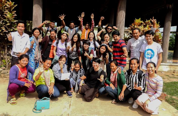 A group photo of jokers, Sambo youth and community at the forum theatre performance in 100 Pillars Pagoda, in Sambo district. Photo by Oxfam