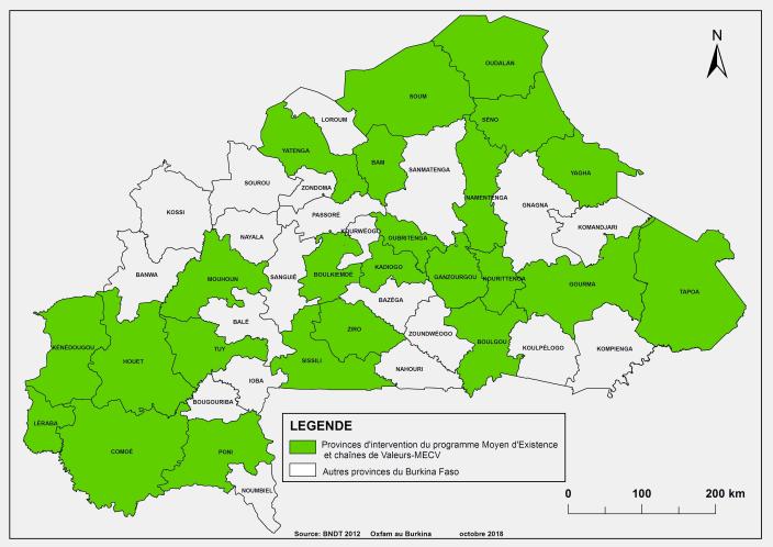 Zone d'intervention de Oxfam au Burkina dans le cadre de son programme  Moyens d'existence Chaines de valeurs