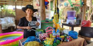 Sitha Mut, 42, is proud to share the souvenir items made from plastic waste in her showroom center, Sangkat Chreav, Siem Reap province. Sitha Mut, 42, is proud to share the souvenir items made from plastic waste in her showroom center, Sangkat Chreav, Siem Reap province.