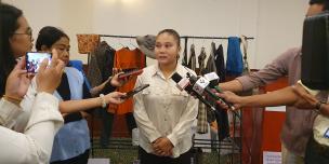 Sreypov Thel provided an interview to the media during a national dialogue on Better Protection for Worker and Farmer in Rubber and Banana Value Chains