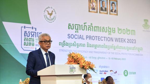 Excellency Dr. Aun Pornmoniroth during the opening remarks, Social Protection Week 2023