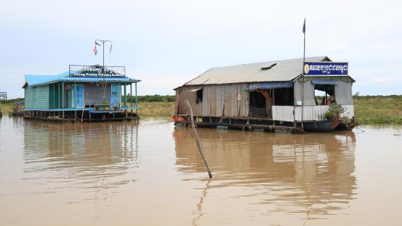Riem Monisilong installed two eco-friendly toilets in this floating school near Kampong Khleang. The toilet systems process waste on-site and are part of the effort to reduce raw sewage entering the lake. Riem Monisilong installed two eco-friendly toilets in this floating school near Kampong Khleang. The toilet systems process waste on-site and are part of the effort to reduce raw sewage entering the lake.
