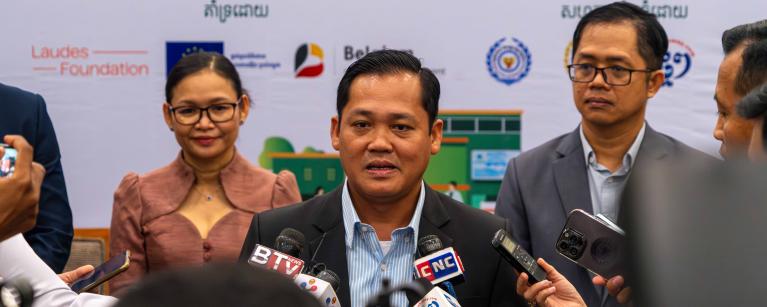 From Left: Ms. Sophoan Phean, Oxfam National Director, H.E. Dr. Sophanarith Heng​, Deputy Director of NSSF and Spokesperson of the Ministry of Labor and Vocational Training, and Mr. Chamrouen Ung, Executive Director at ThmeyThmey during an interview with the media.