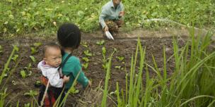 Gardening woman and child