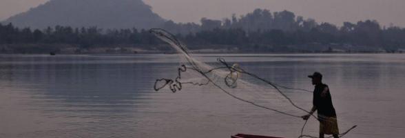 A fisherman casts his net into the river