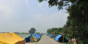 Temporary shelters set up people whose houses were damaged by the floods in Dalwa of Rampur Malhaniya in Saptari district