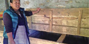 Furafutti Sherpa showing the wooden boxes which were earlier safe to store the potatoes she harvested