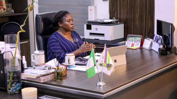 Honorable Commissioner Abisola Olusanya speaking on the rebranding of agriculture in Lagos State. Photo: Maxwell Osarenkhoe/Oxfam