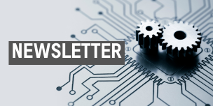 Graphic of two gears on top of a circuit board. Text overlaid reading "Newsletter".