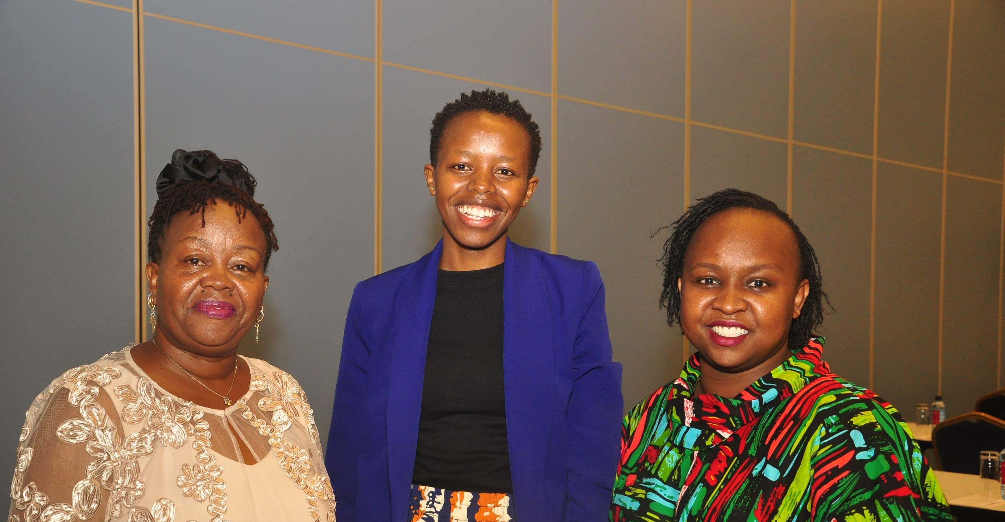 Left to right: Dr. Grace Githaiga (CEO of KICTANET) Jane Muhia (Oxfam in Kenya & ReCIPE), and Rosemary Kimwatu (Chair of the EAIGF 2025 Multistakeholder Advisory Group (MAG)) smiling for a photo at the Kenya Internet Governance Forum (KeIGF).