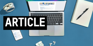 laptop, phone, and earbuds on a blue surface. Text overlaid reading "article".