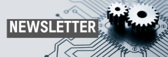 Graphic of two gears on top of a circuit board. Text overlaid reading "Newsletter".