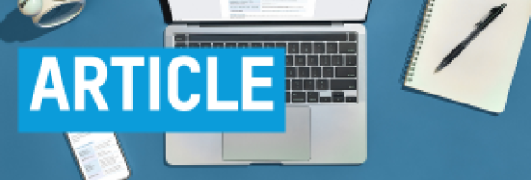 laptop, phone, and earbuds on a blue surface. Text overlaid reading "article".