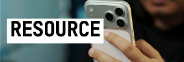 A person holds a smartphone. Text reading "resource".