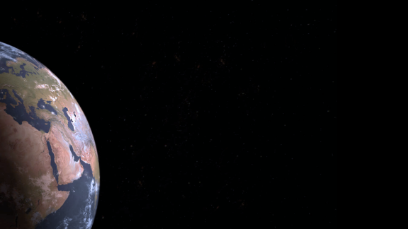 A close-up view of the Earth from space, showing Europe and Africa, with stars visible in the black background.