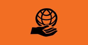 A black and white graphic of an open hand holding a globe.