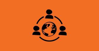Three stylized people icons arranged in a circle around a globe, connected by curved lines, symbolizing global connection or networking.