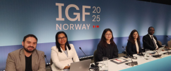 ReCIPE colleagues sit on a panel in front of a backdrop reading "IGF norway 2025."