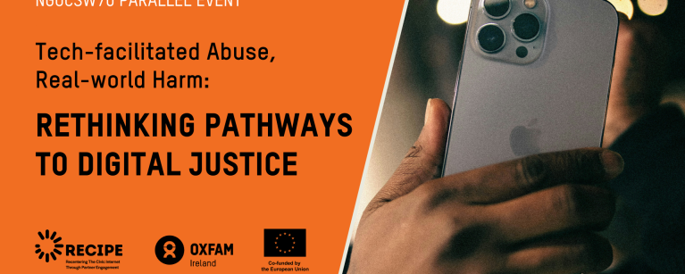 Image of a hand holding a phone. Text on side of image reading "NGOCSW70 Parallel event. TECH-FACILITATED ABUSE,  REAL-WORLD HARM:  RETHINKING PATHWAYS TO DIGITAL JUSTICE"