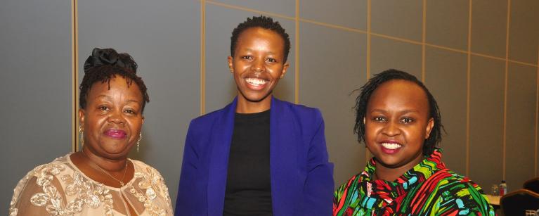 Left to right: Dr. Grace Githaiga (CEO of KICTANET) Jane Muhia (Oxfam in Kenya & ReCIPE), and Rosemary Kimwatu (Chair of the EAIGF 2025 Multistakeholder Advisory Group (MAG)) smiling for a photo at the Kenya Internet Governance Forum (KeIGF).