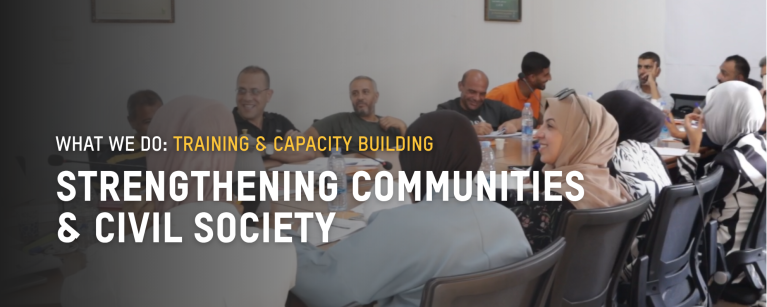 Photo of people gathered for a training held by ReCIPE partner MIFTAH. Text reading: what we do - TRAINING & CAPACITY BUILDING. Strenghtening communities & civil society.