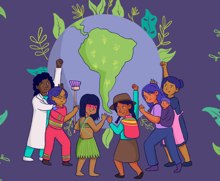 Ilustración de mujeres diversas sosteniendo la vida en el planeta