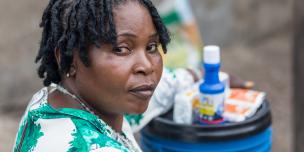 Victoria Chikonde from Chawama, Lusaka with a chorela hygiene kit she has received from Oxfam and Keepers Zambia Foundation