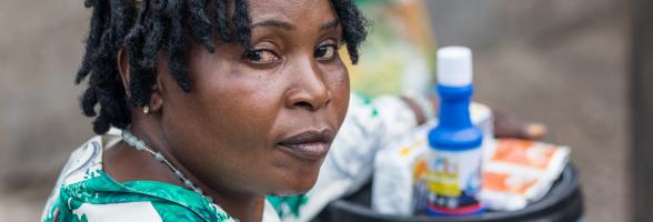 Victoria Chikonde from Chawama, Lusaka with a chorela hygiene kit she has received from Oxfam and Keepers Zambia Foundation