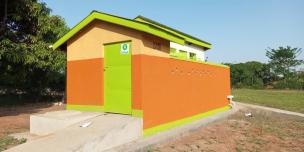 A photo of the completed 5 stances for Girl's latrine at Manafa primary school, Butaleja District