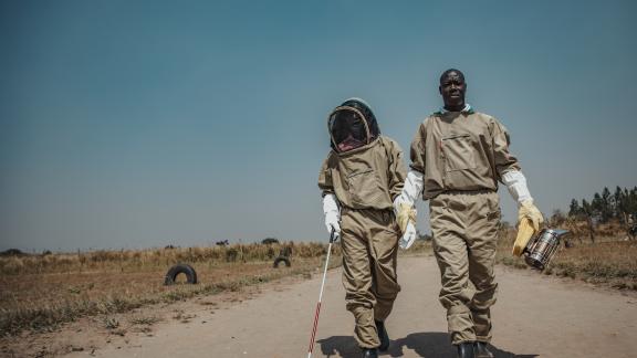 Oloya Francis a bee farmer with sight impairment harvests honey from his apiary 