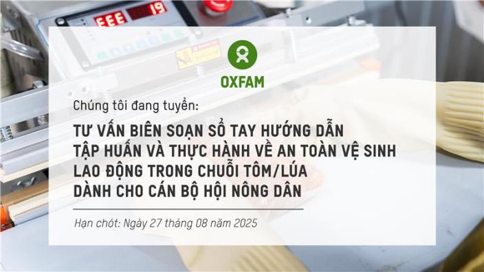 Tư vấn biên soạn sổ tay tập huấn về an toàn vệ sinh lao động trong chuỗi tôm/lúa dành cho cán bộ Hội nông dân