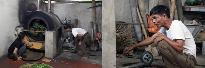 Mr. Dang Ngoc Ha and his wife using the VCBG technology tea-drying stove: Almost zero smoke is emitted during this process.